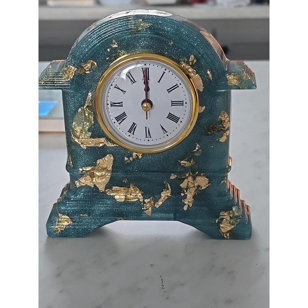 Handmade Resin Desk Clock Decoration Gift  Blue With‎ Gold Leaf 728
